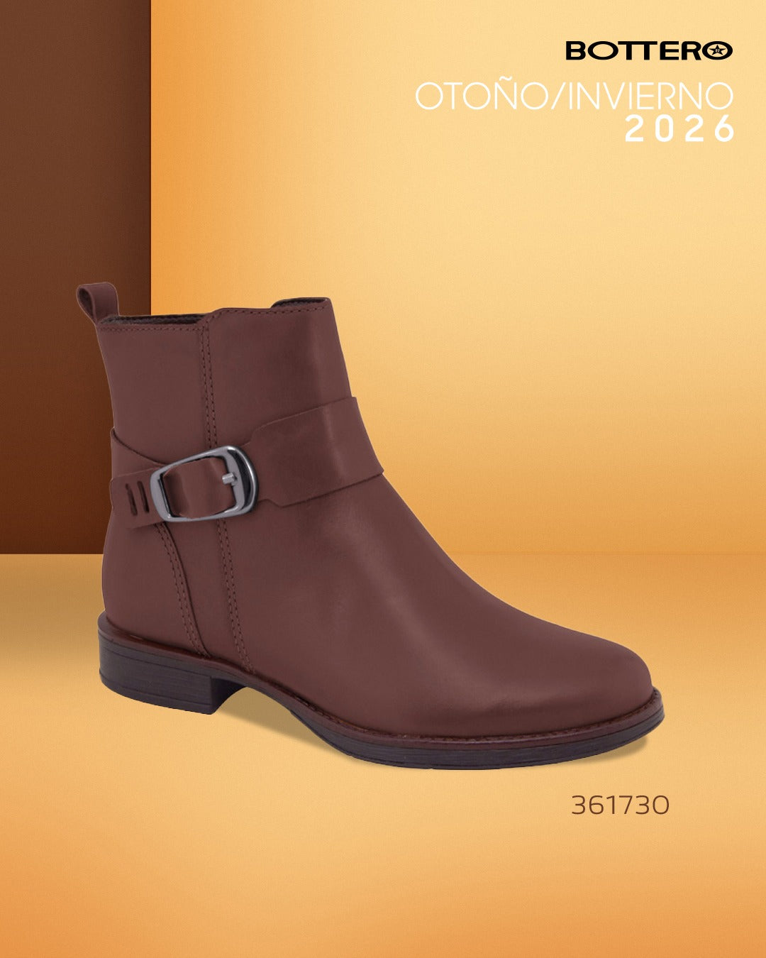 Botín de Cuero, Caña Corta con Hebilla Lateral y Taco Bajo