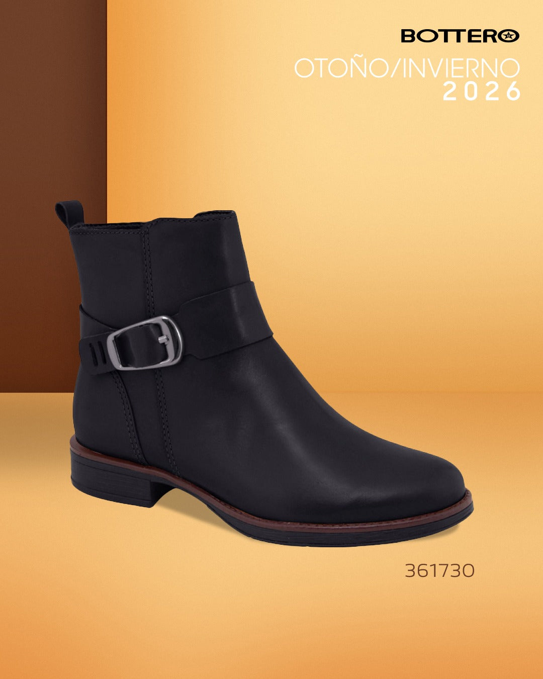 Botín de Cuero, Caña Corta con Hebilla Lateral y Taco Bajo